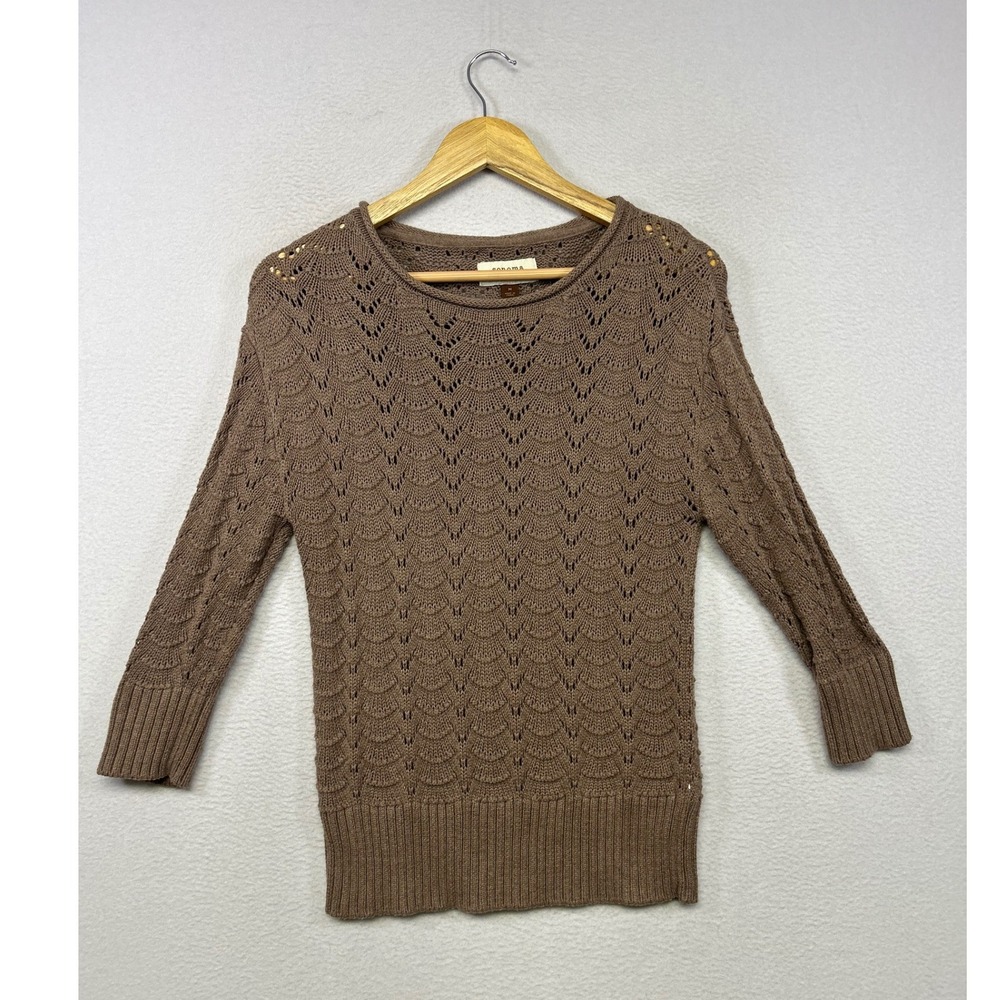 Boho Cottagecore Sonoma Womens Medium Brown Pointelle Crochet Knit Sweater Y2K